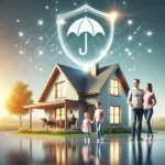 Familia feliz frente a su hogar con un símbolo de protección, representando la seguridad y tranquilidad que ofrece un seguro del hogar.