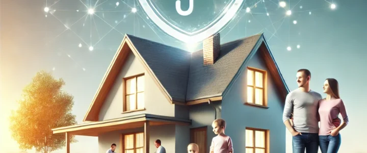 La importancia del seguro del hogar: Protegiendo el patrimonio familiar Familia feliz frente a su hogar con un símbolo de protección, representando la seguridad y tranquilidad que ofrece un seguro del hogar.