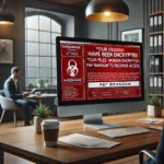 Pantalla de ordenador con mensaje de ransomware en una oficina moderna, mostrando una alerta de ciberataque mientras un empleado preocupado observa la pantalla.