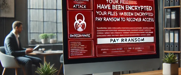 Ciberseguridad para empresas: ¿Estás preparado para un ciberataque? Pantalla de ordenador con mensaje de ransomware en una oficina moderna, mostrando una alerta de ciberataque mientras un empleado preocupado observa la pantalla.