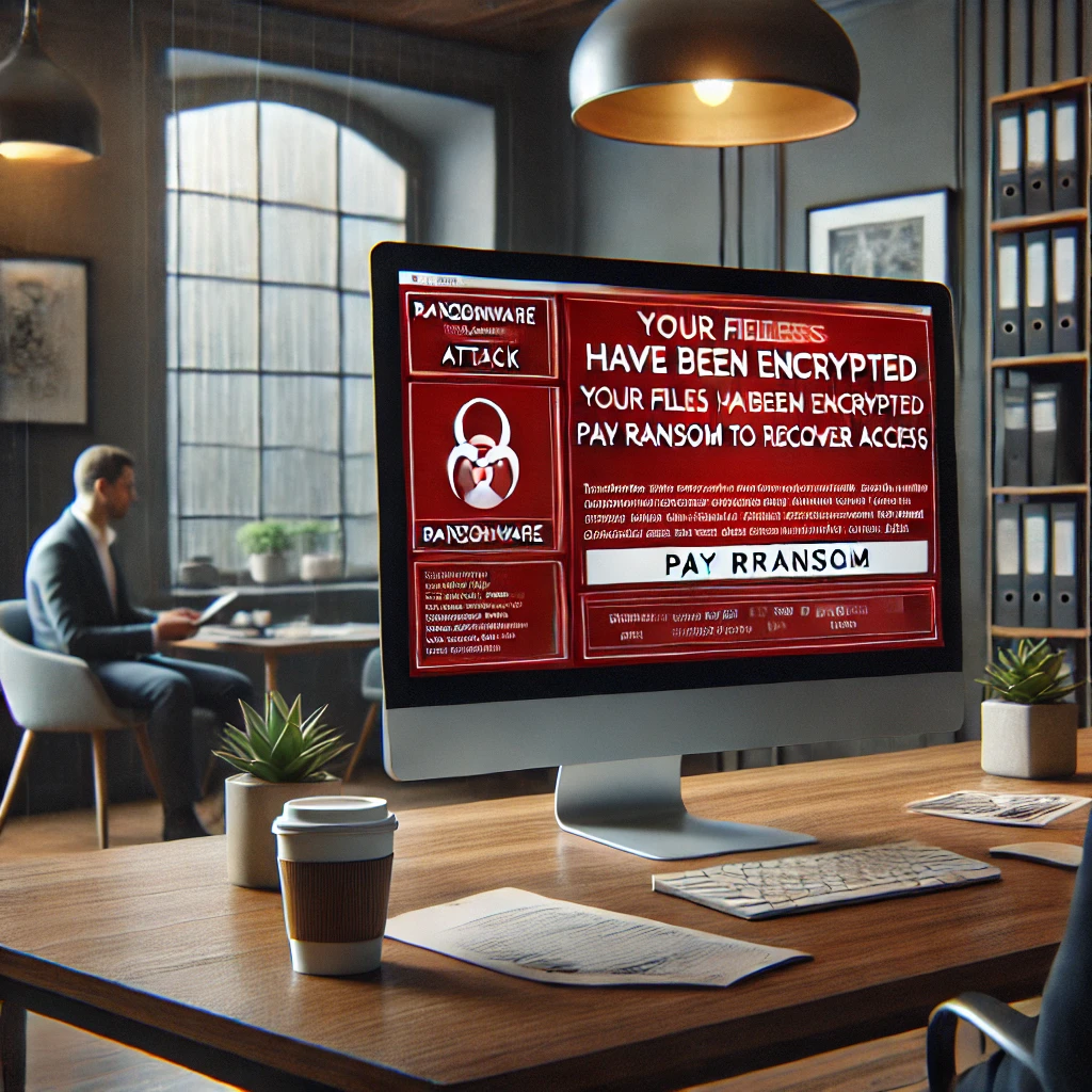 Pantalla de ordenador con mensaje de ransomware en una oficina moderna, mostrando una alerta de ciberataque mientras un empleado preocupado observa la pantalla.