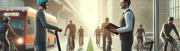 Escena urbana con ciclistas y usuarios de patinetes eléctricos circulando de forma segura en un carril específico. Un asesor de seguros informa a un usuario sobre la importancia de contar con un seguro para bicicletas y VMP.