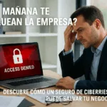 Empresario preocupado frente a un ordenador bloqueado con mensaje de acceso denegado, representando un ciberataque en una pyme.