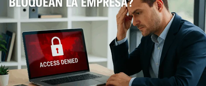 Empresario preocupado frente a un ordenador bloqueado con mensaje de acceso denegado, representando un ciberataque en una pyme.