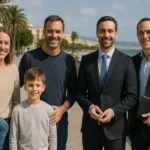 Familia y empresario en Baleares conversando con un corredor de seguros en oficina moderna