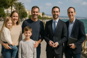 Familia y empresario en Baleares conversando con un corredor de seguros en oficina moderna