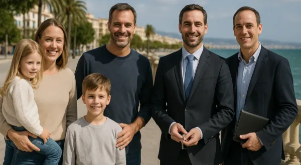 Protección integral para tu vida, tu negocio y tu patrimonio Familia y empresario en Baleares conversando con un corredor de seguros en oficina moderna