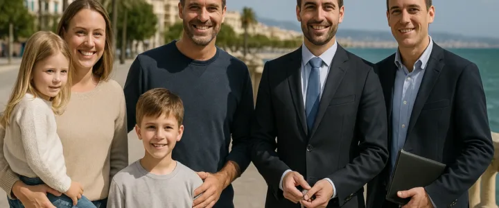 Familia y empresario en Baleares conversando con un corredor de seguros en oficina moderna