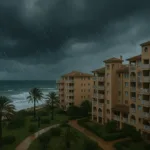 Edificio costero en Palma de Mallorca bajo cielo tormentoso con canalón dañado