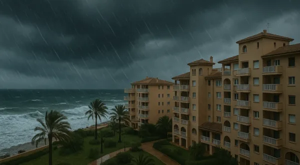 Cómo proteger tu patrimonio frente a fenómenos climáticos extremos Edificio costero en Palma de Mallorca bajo cielo tormentoso con canalón dañado