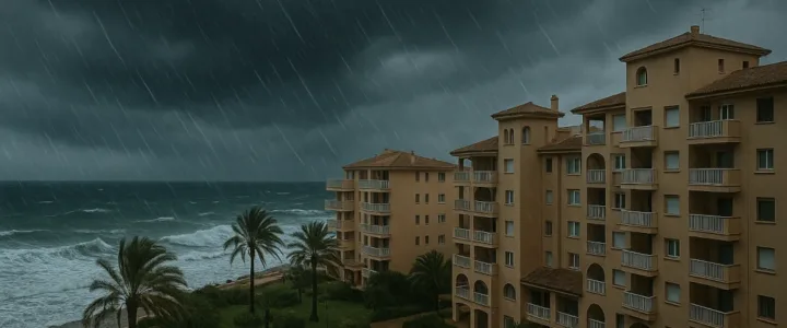 Edificio costero en Palma de Mallorca bajo cielo tormentoso con canalón dañado