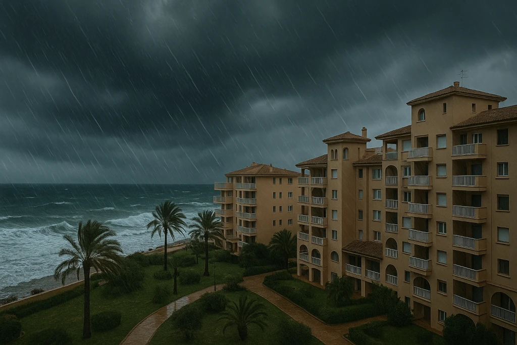 Edificio costero en Palma de Mallorca bajo cielo tormentoso con canalón dañado