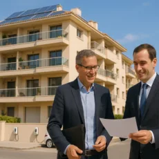 Comunidad de propietarios en Palma revisando su póliza, con garaje y puntos de recarga visibles