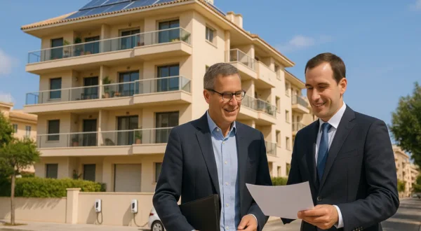 Seguro para Comunidad de Propietarios: daños por agua, placas solares y cargadores de coche, bien cubiertos Comunidad de propietarios en Palma revisando su póliza, con garaje y puntos de recarga visibles