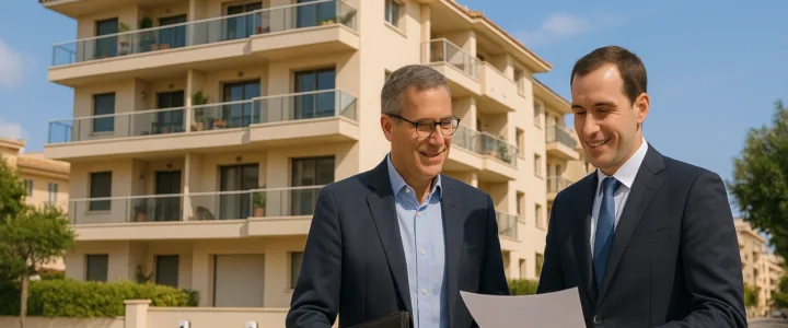 Comunidad de propietarios en Palma revisando su póliza, con garaje y puntos de recarga visibles