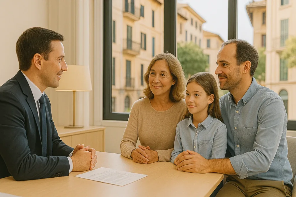 Corredor de seguros revisando una póliza de dependencia con una familia