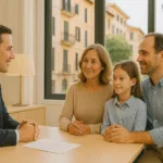 Corredor de seguros revisando una póliza de dependencia con una familia