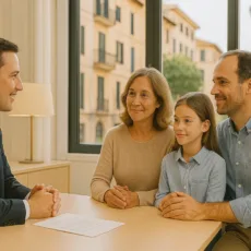 Corredor de seguros revisando una póliza de dependencia con una familia