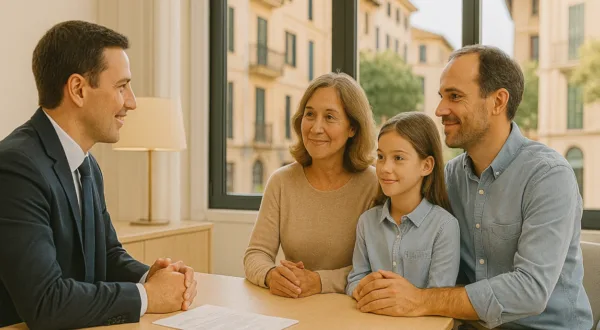 Seguro de dependencia: dignidad, cuidados y liquidez cuando más se necesita Corredor de seguros revisando una póliza de dependencia con una familia