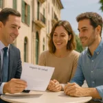 Corredor de seguros explicando opciones de salud a una familia