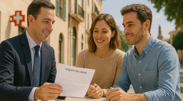 Seguro de salud: cómo elegir bien el tuyo. Corredor de seguros explicando opciones de salud a una familia