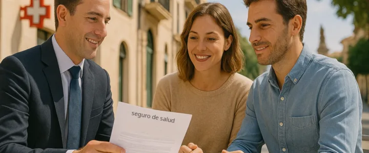 Seguro de salud: cómo elegir bien el tuyo. Corredor de seguros explicando opciones de salud a una familia