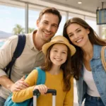 Familia sonriente con maletas en aeropuerto listo para viajar