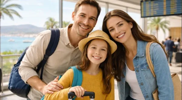 Por qué el Seguro de Viaje y Salud es ahora imprescindible para viajeros Familia sonriente con maletas en aeropuerto listo para viajar