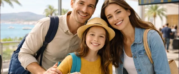 Por qué el Seguro de Viaje y Salud es ahora imprescindible para viajeros Familia sonriente con maletas en aeropuerto listo para viajar