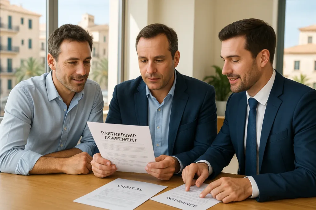 Socios de una pyme firmando pacto de compra‑venta con Corredor de Seguros