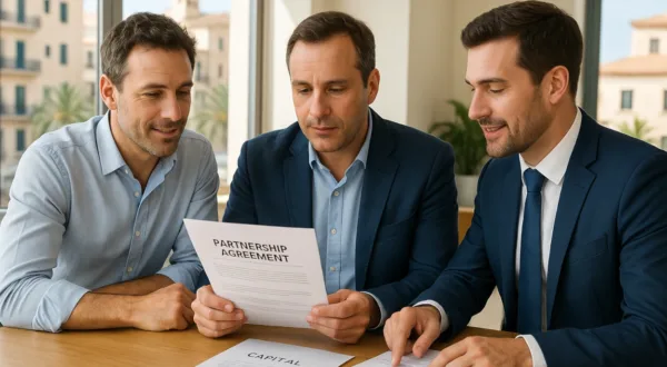 Seguro de vida de socios (buy‑sell): continuidad real para autónomos y pymes Socios de una pyme firmando pacto de compra‑venta con Corredor de Seguros