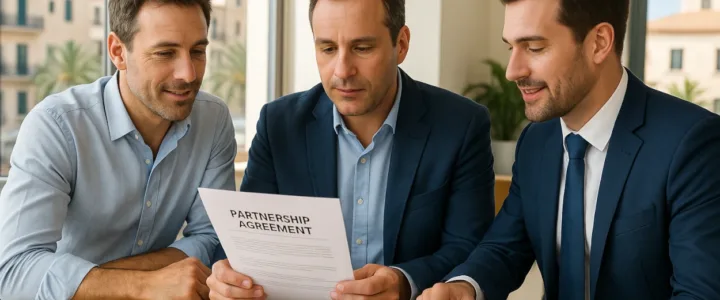 Seguro de vida de socios (buy‑sell): continuidad real para autónomos y pymes Socios de una pyme firmando pacto de compra‑venta con Corredor de Seguros