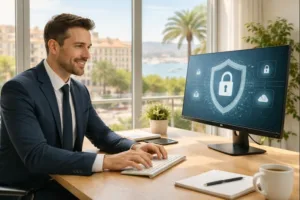 Empresario en oficina de Palma revisando un ordenador tras un incidente digital