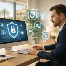 Profesional trabajando en ordenador con alerta de ciberseguridad en oficina de Palma