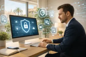 Profesional trabajando en ordenador con alerta de ciberseguridad en oficina de Palma