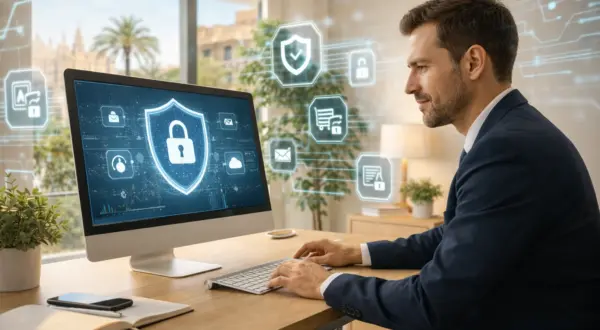 Profesional trabajando en ordenador con alerta de ciberseguridad en oficina de Palma
