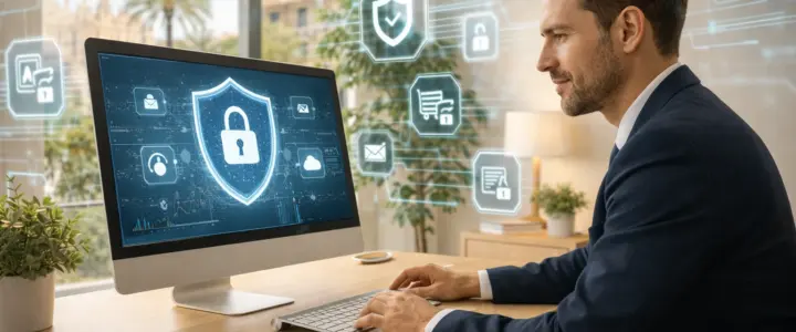 Profesional trabajando en ordenador con alerta de ciberseguridad en oficina de Palma