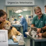 Perro y gato en clínica veterinaria con propietario preocupado por los costes – seguro de mascotas