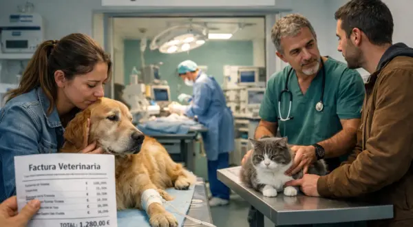 🐾 Cuando tu mascota enferma, no hay plan B Perro y gato en clínica veterinaria con propietario preocupado por los costes – seguro de mascotas