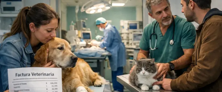 Perro y gato en clínica veterinaria con propietario preocupado por los costes – seguro de mascotas