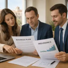 socios de empresa reunidos revisando acuerdo empresarial en oficina de Palma de Mallorca