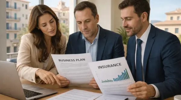 socios de empresa reunidos revisando acuerdo empresarial en oficina de Palma de Mallorca