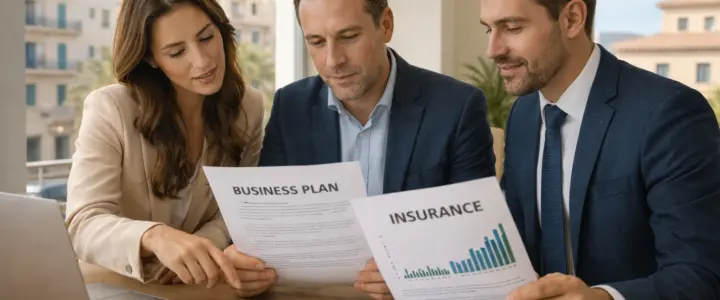 socios de empresa reunidos revisando acuerdo empresarial en oficina de Palma de Mallorca