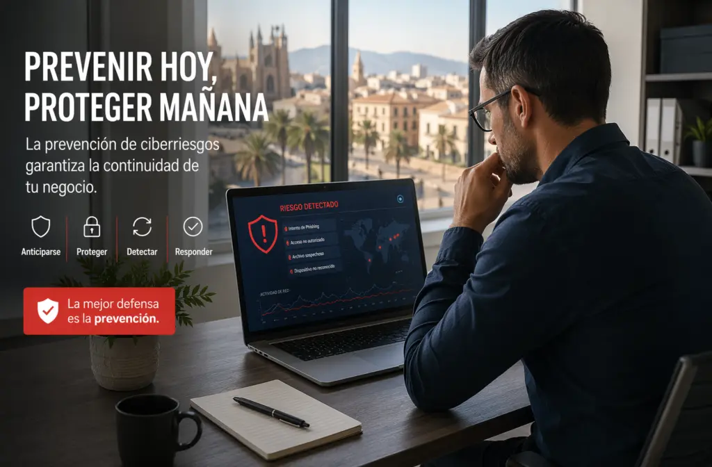 profesional revisando alerta de ciberseguridad en oficina de Palma de Mallorca