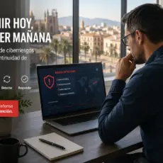 profesional revisando alerta de ciberseguridad en oficina de Palma de Mallorca