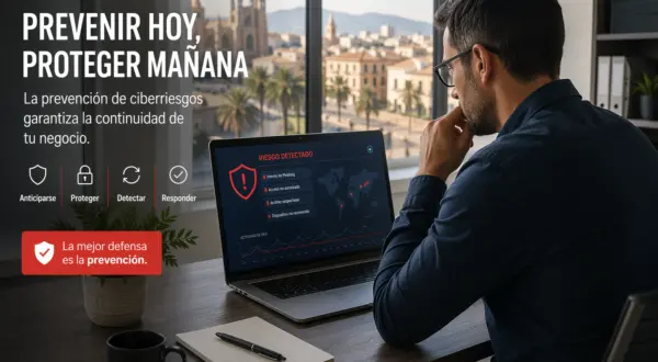 profesional revisando alerta de ciberseguridad en oficina de Palma de Mallorca