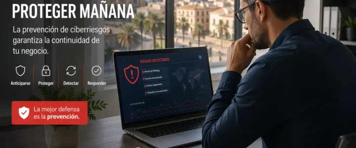 profesional revisando alerta de ciberseguridad en oficina de Palma de Mallorca